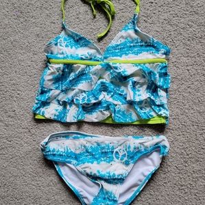 Justice Swim Girls Sz 8 Fashion Bikini 2 piece swimsuit Peace print Ruffled top